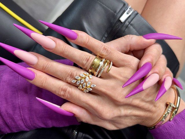 New Purple Color Long Nails, Sharp Stilettos, Palms, Long Fingers and Hands Worship, Purple Blouse and Leather Skirt on Me (Julia domaina)