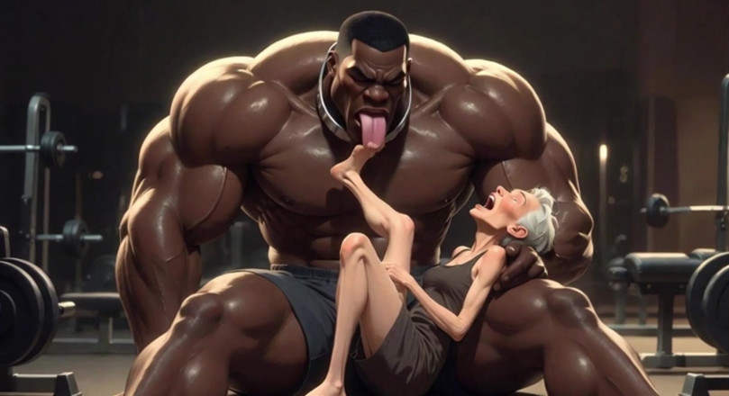 Anime Hentai: Bunicuță gemând de plăcere - un negru puternic care îi suge picioarele