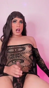 Beautiful Latina Trans Wiggles Her Penis with Pantyhose as a Glove