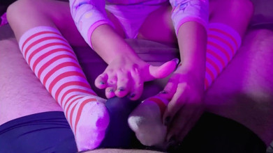 Footjob with Socks on, Ending with a Handjob Over Underwear