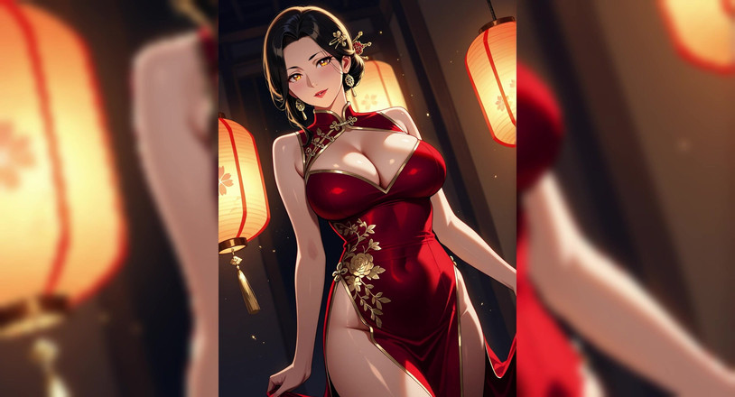 AI Porn: 红色礼服诱人的怀夫