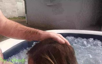 MILF Sucks Husband in Hot Tub Wearing Lipstick and Swallows All His Cum