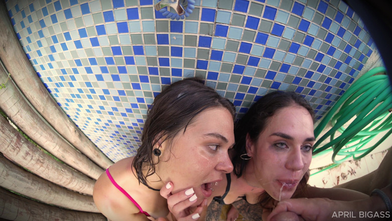 April BigAss: Outdoor Shower FFM, Two Mouths and a Golden Shower