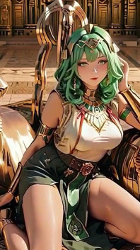 Green-haired Egyptian Queen! Kneeling in the Golden Hall, Guarded by Sphinxes.