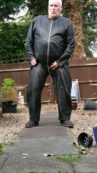 Leather Overalls in the Garden