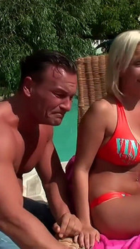 Outdoor Blonde DP Poolside Passion