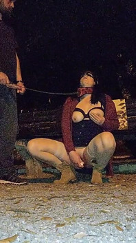 Contrôlé Et En Laisse Dans Un Legging Et Des Bottes Hautes