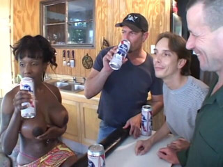 Hot and Wet: Black MILF with huge jugs runs into a horny group...