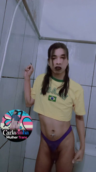 Carlazinha the Belly Button Pierced Whore Pulls Her Purple Panties to the Side and Shows Her Wet Cock