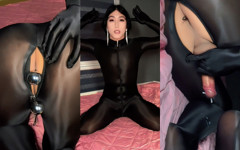 Black Shiny Zentai Suit Sissy Femboy Plays with Anal Beads with Huge Cumshot