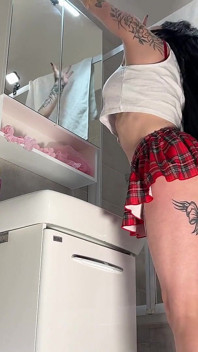 Beautiful Brunette with Big Tits in the Bathroom Takes Her Red Satin Thong to Flash Her Tight Meaty Pussy and Naked Ass