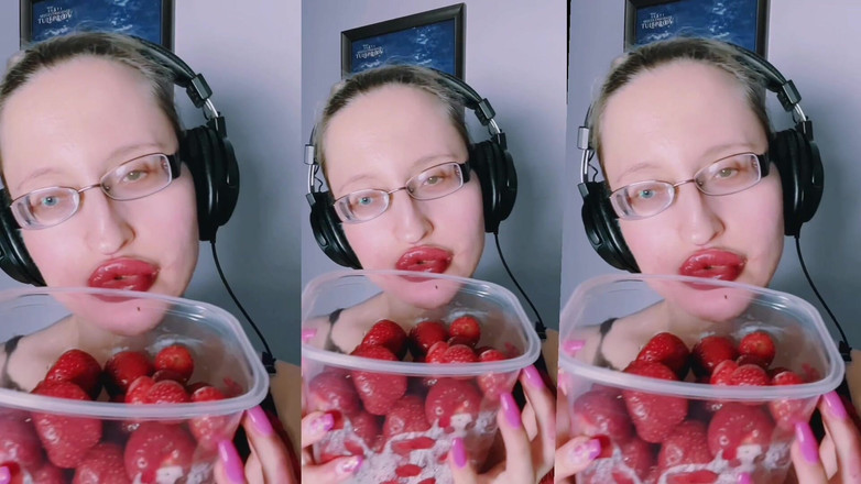 FinDom Goaldigger: Asmr fragola mangia - asmr, occhiali, gianess, rossetto, grandi labbra, aratri,...