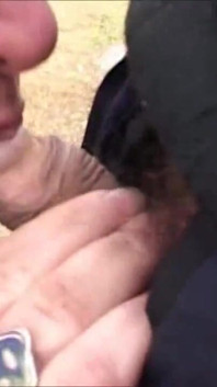 Old BBW chick sucks his cock outdoor in close up