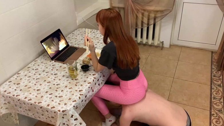 Petite Princesses Femdom: Kira has dinner in the kitchen using her boyfriend as...