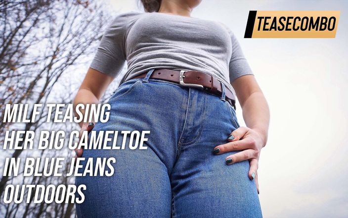Teasecombo 4K: Мілфа дражнить свою велику верблюжку лапку в синіх джинсах на відкритому повітрі