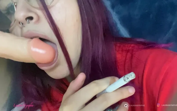 Laura Nynphe: Red head smokes a cigarette and gives a blowjob  - smoking...