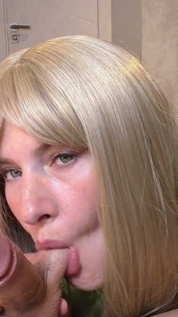 Blonde in Nylon Bodysuit Sucks Cock Beautifully and Swallows Cum