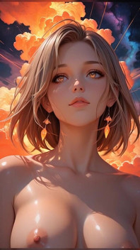 Kosmische neongodin naakt schoonheid portret met stralende cyberwolken Ai art diavoorstelling