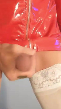 Jerks off in Red Latex Mini Skirt and White Stockings Part 2