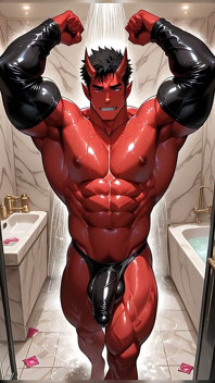 Oni Demon Solo Pumping with Condom Stretched Tight in Marble Bathroom