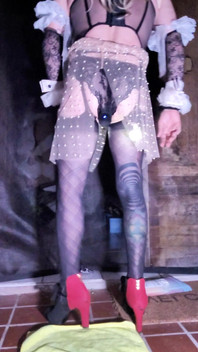 TS Shemale in High Heels Very Sexy Black Stocking Lingerie Showing His Panties Outside