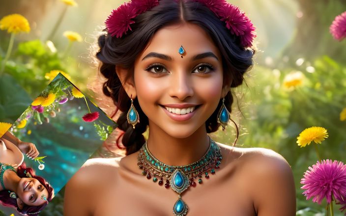 AI Girls: Beautiful Big Breasted Nude Indian Elf Girl with Dandelion Greens