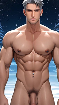 Mature Silver Fox Model Standing Nude in Glass House Winter Wonderland
