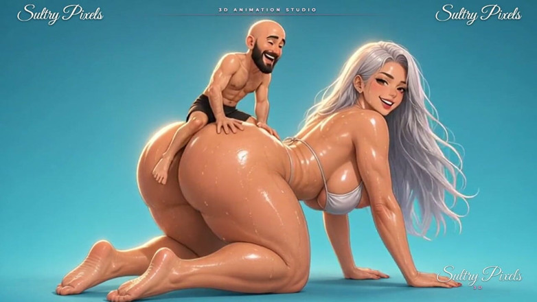 Sultry Pixels 3D: Une géante anime aux cheveux argentés chevauche à quatre pattes son...