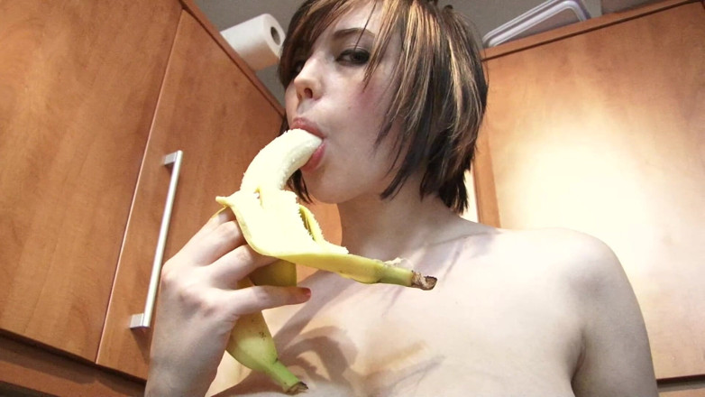 Lesbian Illusion: Nasty brunette chick with big boobs plays with food in...