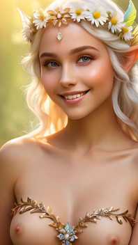Nude Beauty Holding Daisy with Sunlit Gold Diamond Jewelry Artistic Ai Slideshow