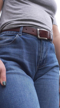 MILF Teasing Her Big Cameltoe in Blue Jeans Outdoors
