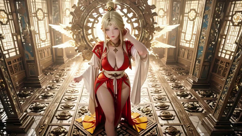 Seraphina Vale: Celestial Goddess Descends! Red &amp; White Hanfu, Golden Hair, Barefoot on...
