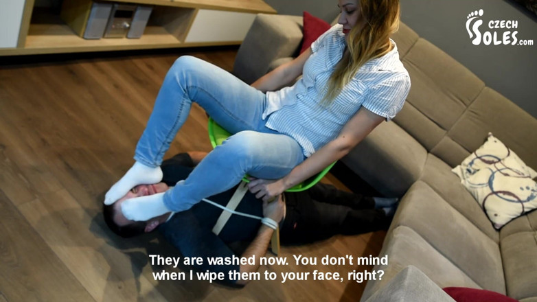 Czech Soles - foot fetish content: Tied up and made to smell Megan's socks - part 1