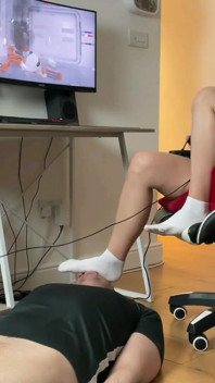 Mistress in White Socks Playing Pc Games. Locked in Chastity Boyfriend Worshipping Socks and Feet