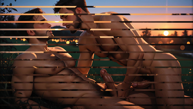 LustMen: Diese explizite gegenseitige masturbationsszene mit einem behaarten nackten mann in...