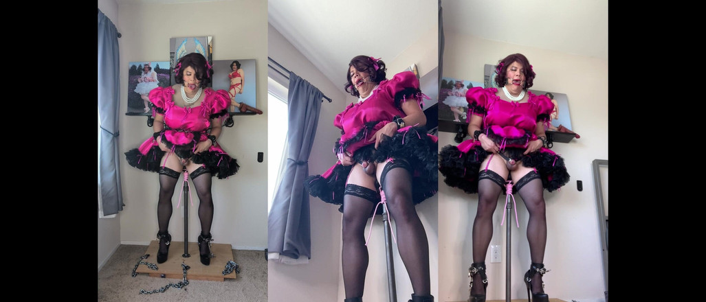 Sissy Candy: Różowa maminsynek pokojówka Candy jest zablokowana na jej stojaku dildo...