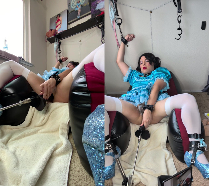 Sissy Candy: Sissy Candy sur sa chaise gonflable en auto-bondage avec sa...