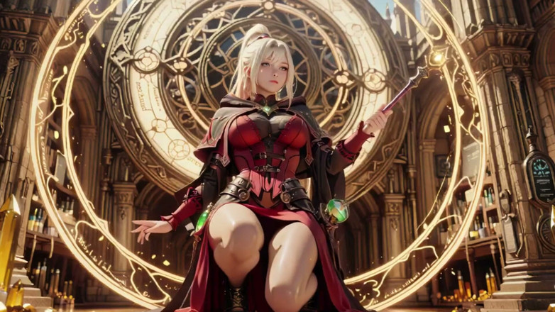 Seraphina Vale: Red &amp; Black Armor Witch! Forbidden Casting in the Gothic Library.