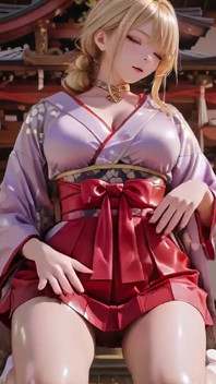 Blonde göttin auf dem japanischen Korridor, Faule Blicke, Hand auf Hüften, Sonnenlicht tränkt ihre Haut