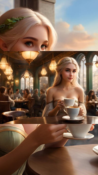 Awek elf bogel yang cantik dengan tetek besar menikmati secawan kopi