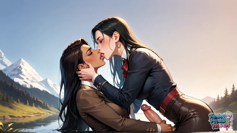 Femboy Hentai Haven: A Transvestite memakai sampah kulit coklat berkilat semula di pantai...