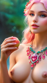 Bella ragazza elfo nuda dal seno grande con chico frutta