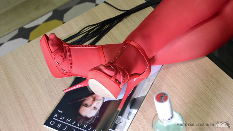Mistress Legs: Lick my red nylon soles, slave