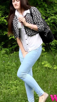 Diana Tries to Hold Her Pee Grabbing Her Crotch While She Is on a Walk Trough a Forest