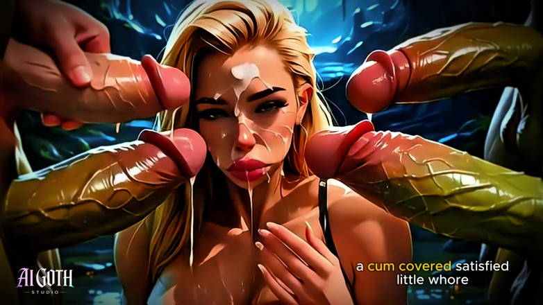 AI Visuals X: Отчаянная блондинка бимбо принимает огромный член орка в лесу - 4K AI фантазия