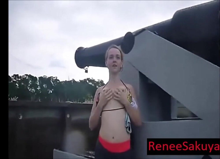 Renee Sakuya: Outdoor masturbation, beside a canon