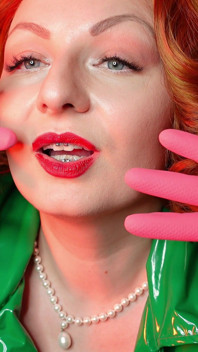 Pretty pin up model Arya and pink latex household gloves