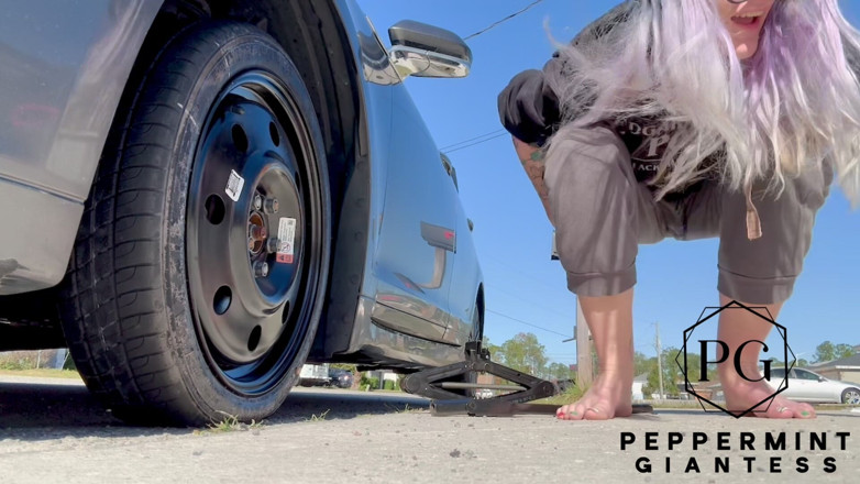Peppermint Giantess: 67 Tall Amazon Goddess Changes Her Tire - Big Feet in...