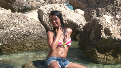 Cryptostudios: Gorgeous brunette swears her big tits on the nude beach