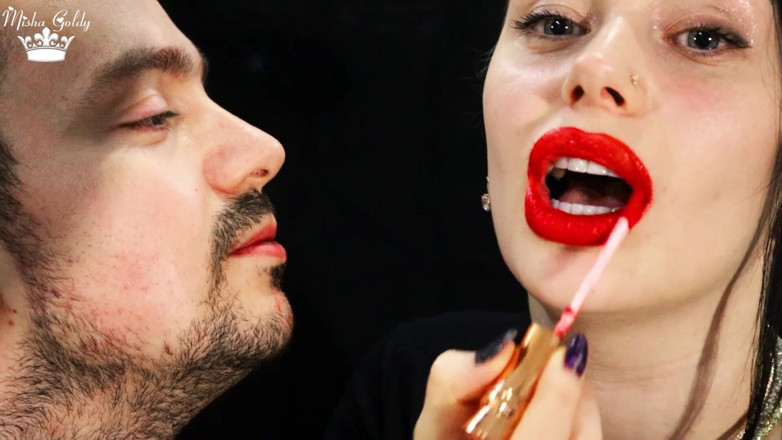 Goddess Misha Goldy: Covering Alex face with red lipsticks kisses